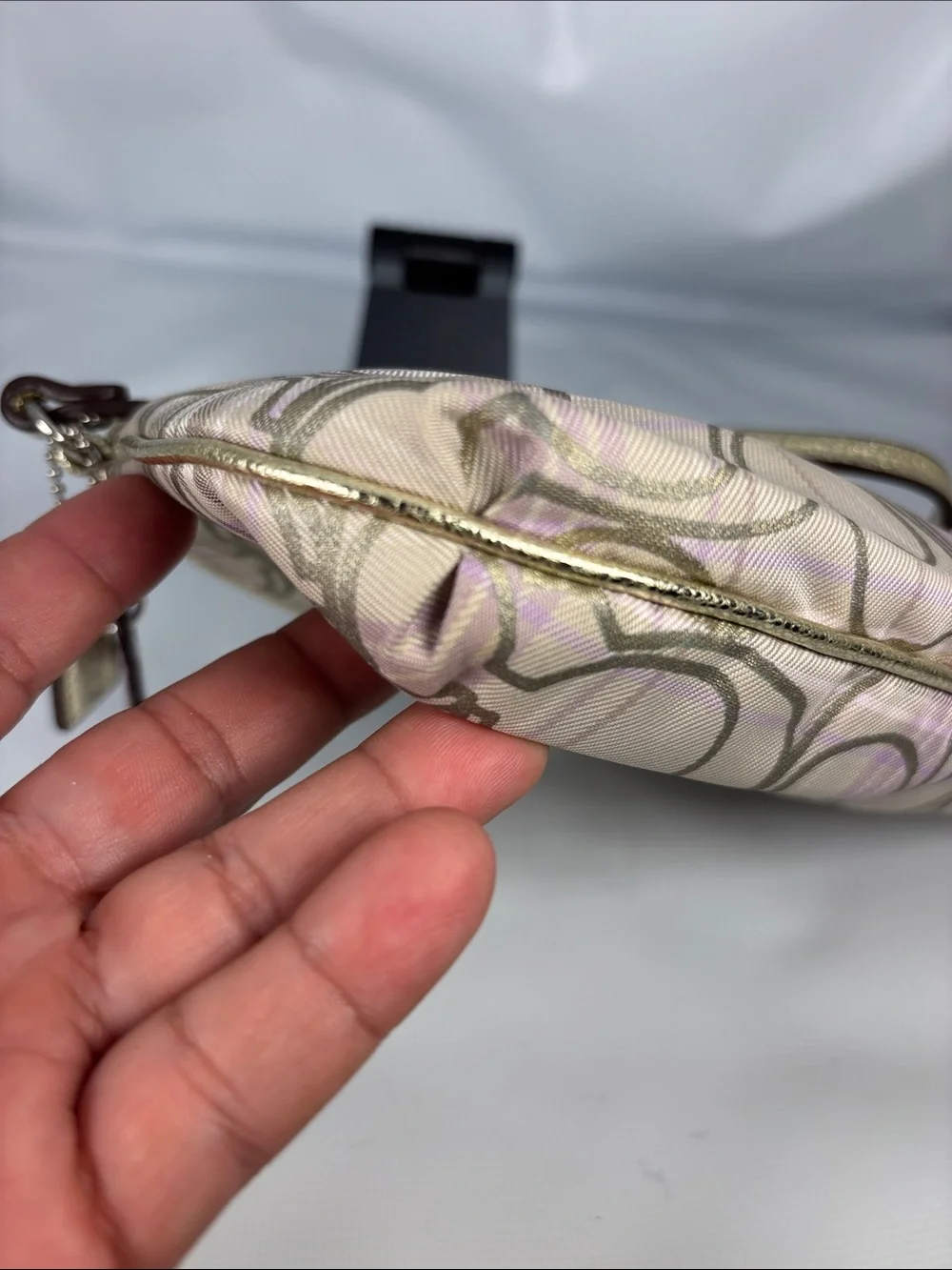 Coach Metallic Logo Wristlet in Beige and Gold